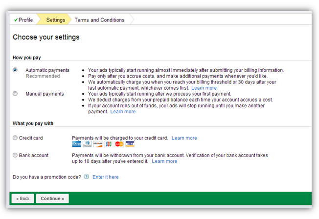 choose new adwords account settings